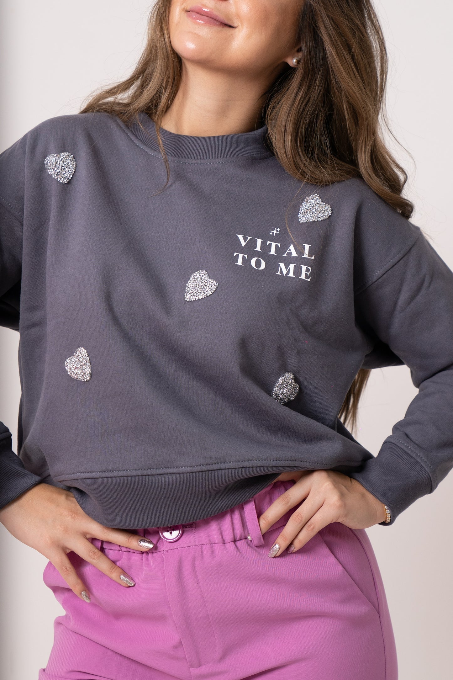 Poleron Vital Gris con Shinny hearts 🌟🪩