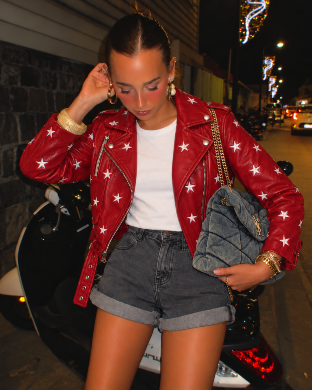 Chaqueta ecocuero stars red